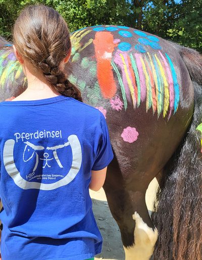Eine junge Person mit einem geflochtenen Zopf und einem blauen T-Shirt mit dem Aufdruck "Pferdeinsel" steht mit dem Rücken zum Betrachter. Sie blickt auf das Hintere Teil eines dunklen Pferdes, dessen Fell mit bunten Farben und Mustern bemalt ist.