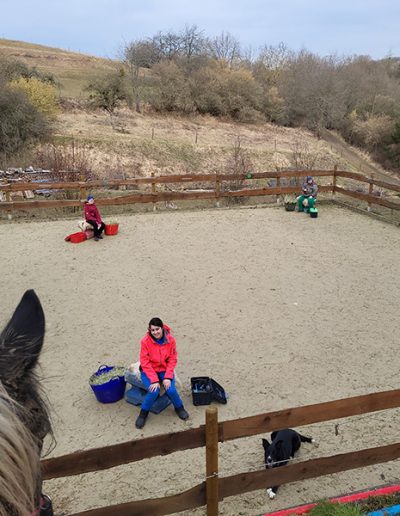 Sandiger Reitplatz von oben mit mehreren Menschen