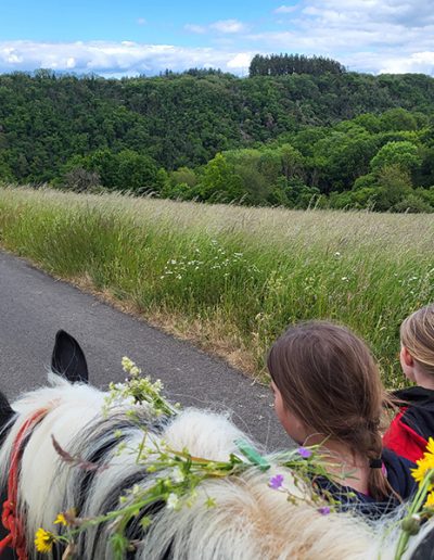Zwei Kinder laufen neben einem hellen Pferd mit Blumen im Zaumzeug auf einem schmalen Asphaltweg.